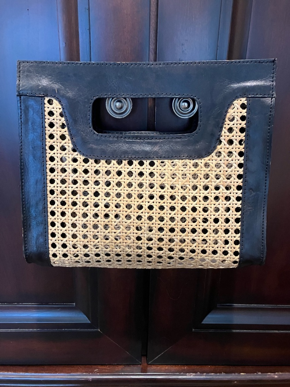 Diah Resortwear Woven Rattan and Black Leather Handle Tote with Shoulder Strap
